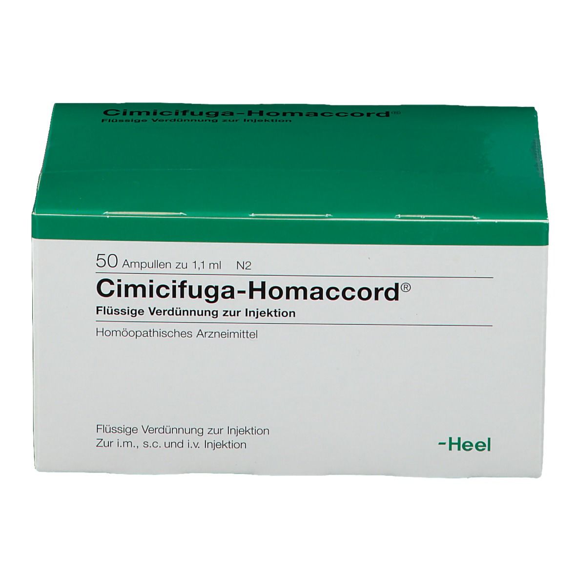 Schachtel mit Cimicifuga-Homaccord®. Grün-weiße Verpackung. Aufschrift: 50 Ampullen, flüssige Verdünnung zur Injektion. Marke: Heel.