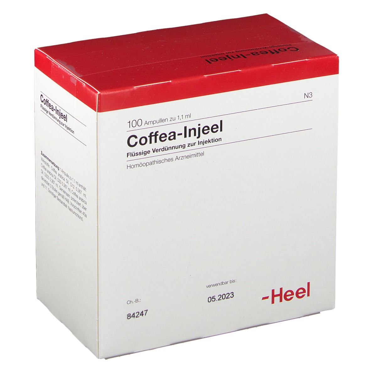 Weißer Karton mit rotem Deckel. Aufschrift: Coffea-Injeel, flüssige Verdünnung zur Injektion. Marke: Heel. Enthält 100 Ampullen.
