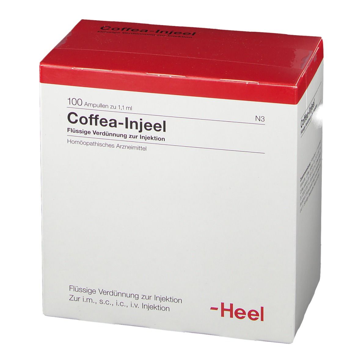 Weißer Karton mit rotem Deckel. Aufschrift: Coffea-Injeel, flüssige Verdünnung zur Injektion. Marke: Heel. Enthält 100 Ampullen.