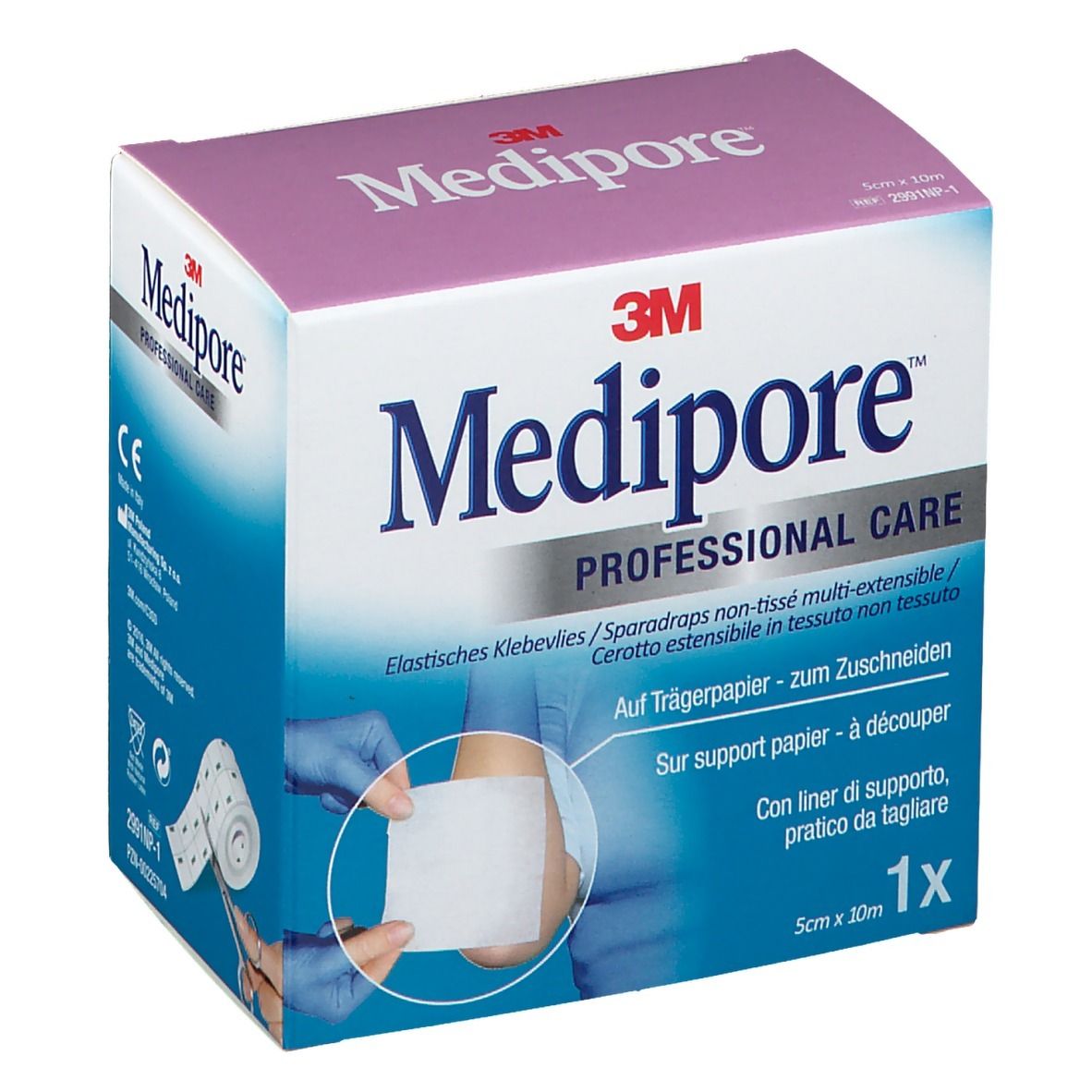 Box mit 3M Medipore. Aufschrift: PROFESSIONAL CARE. 5cm x 10m. Produkt wird auf Papier geschnitten. Mit Liner.
