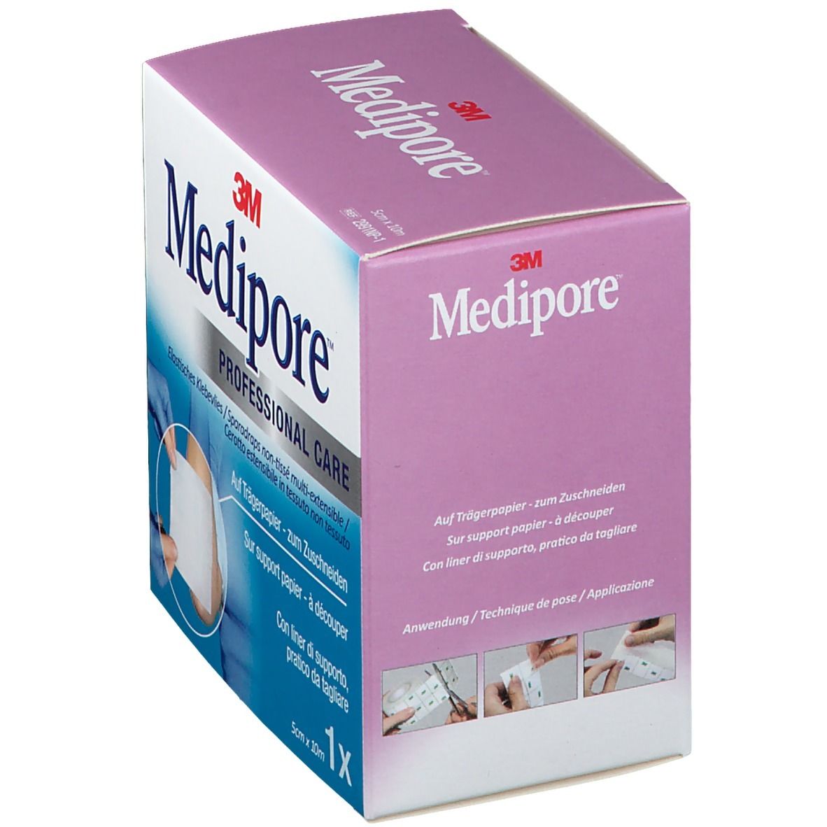 Box mit 3M Medipore. Aufschrift: PROFESSIONAL CARE. Produkt wird auf Papier geschnitten. Mit Liner. 5cm x 10m.