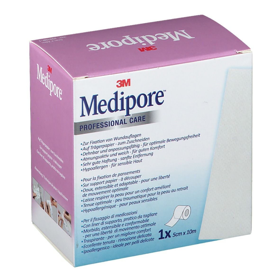 Box mit 3M Medipore. Aufschrift: PROFESSIONAL CARE. 5cm x 10m. Zur Fixierung von Wundauflagen. Mit Liner.
