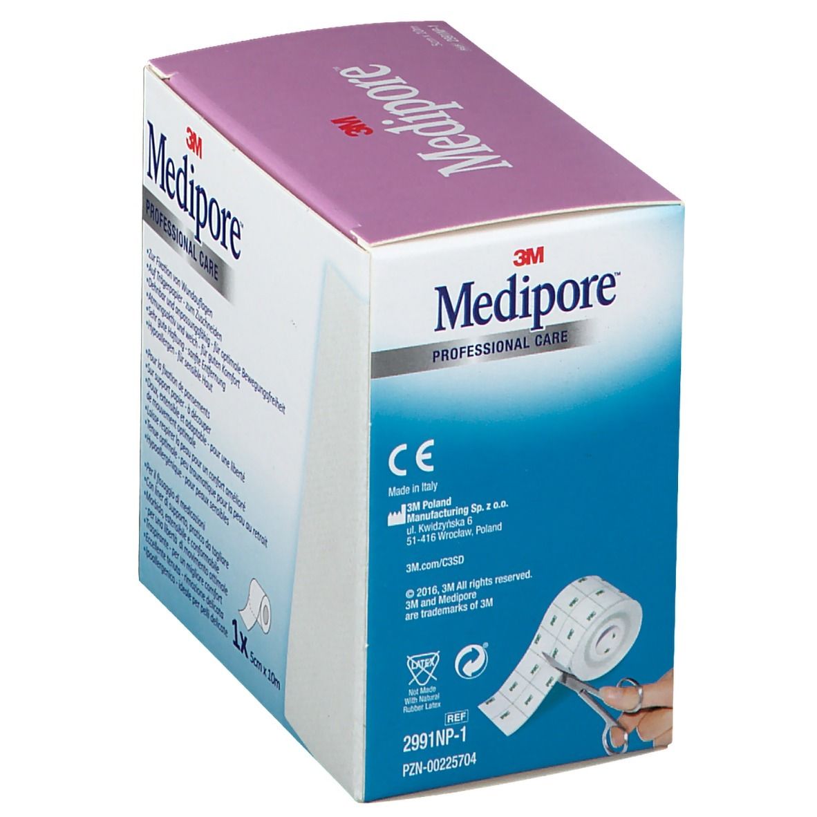 Box mit 3M Medipore. Aufschrift: PROFESSIONAL CARE. CE-Kennzeichnung. 5cm x 10m. Mit Liner. Auf Papier.