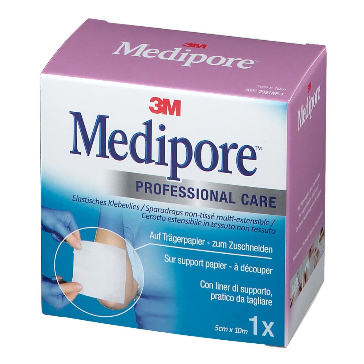Box mit 3M Medipore. Aufschrift: PROFESSIONAL CARE. 5cm x 10m. Produkt wird auf Papier geschnitten. Mit Liner.