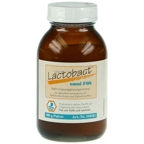 Braune Glasflasche mit weißem Deckel. Aufkleber mit Produktnamen Lactobact omni FOS und weiteren Informationen.