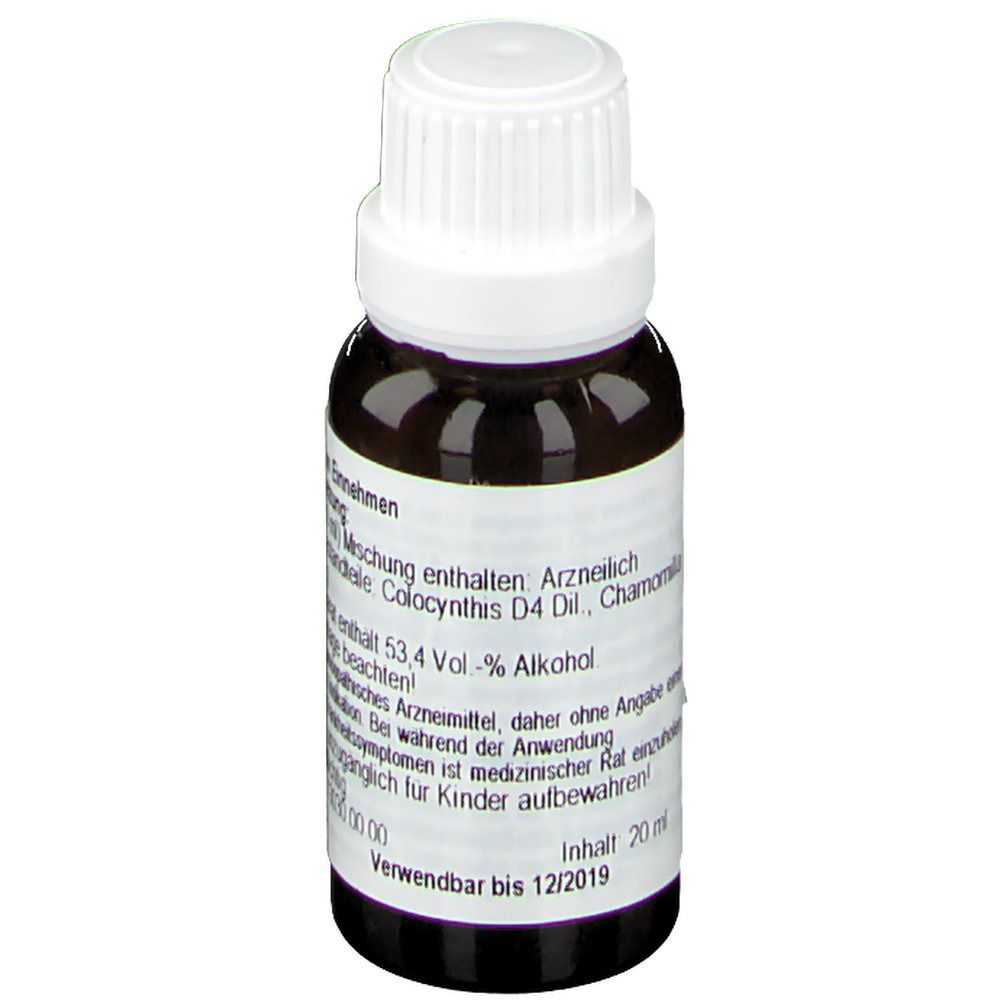 Braune Glasflasche mit weißem Deckel. Etikett mit Inhaltsangaben und Alkoholgehalt. Nestmann Pharma.