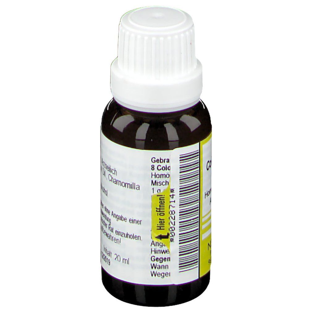 Braune Glasflasche mit weißem Deckel. Etikett mit Produktnamen und Warnhinweisen. Nestmann Pharma.