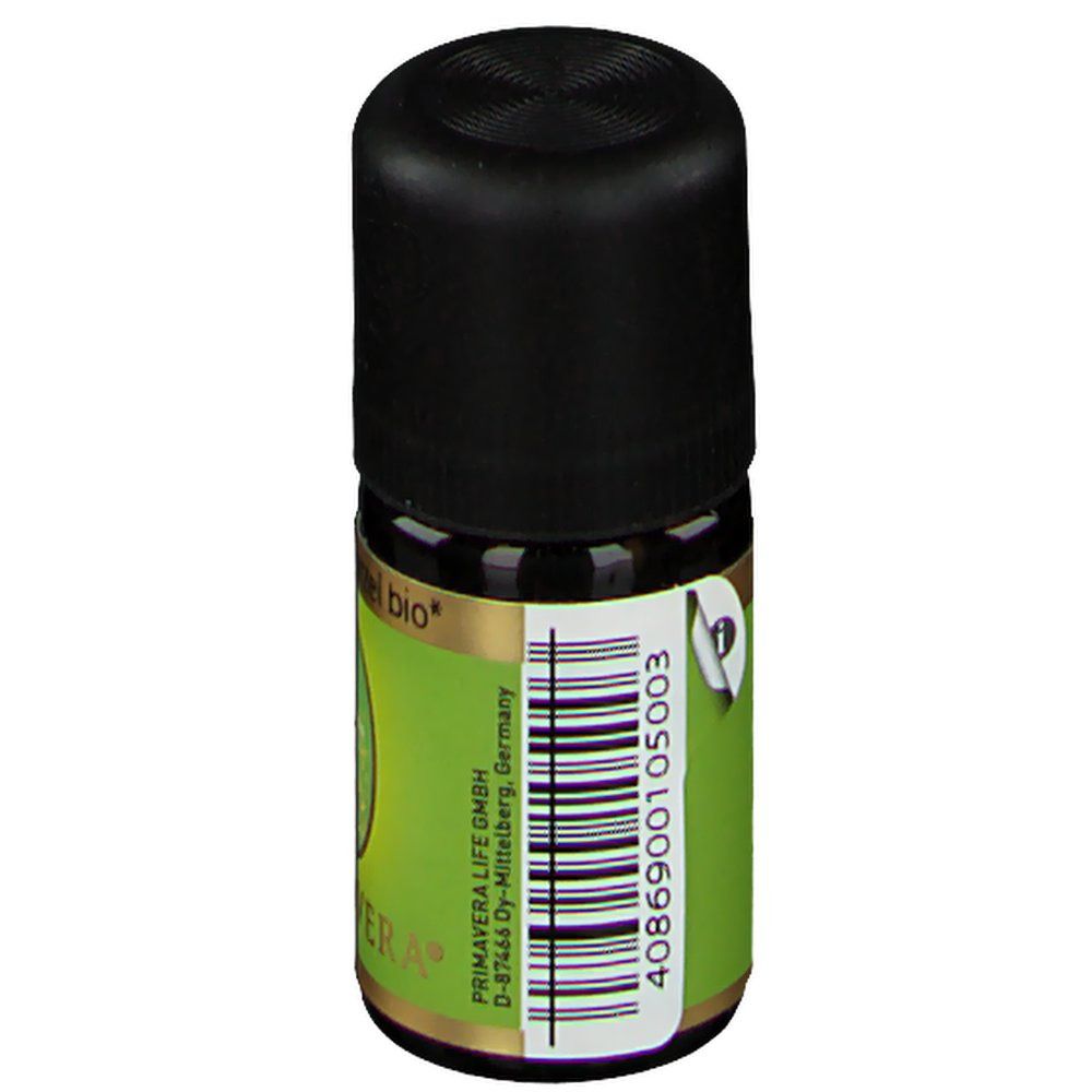 Braune Glasflasche mit schwarzem Deckel. Grünes Etikett mit Barcode und Produktinformationen.
