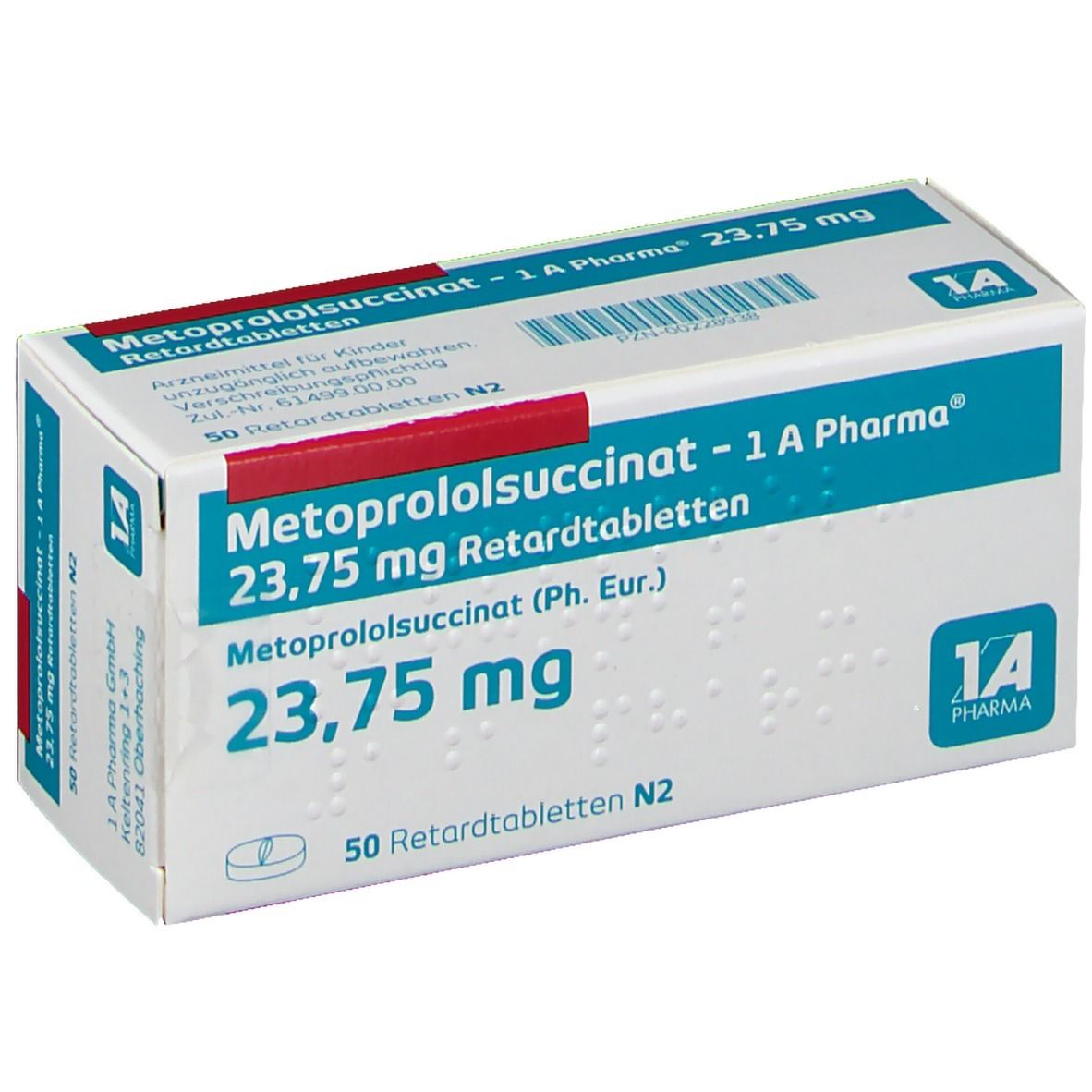 Schachtel mit METOPROLOLSUCCINAT 1A Pharma 23,75 mg Retardtabletten. Blaue und rote Schrift auf weißem Grund. 1A Pharma Logo.