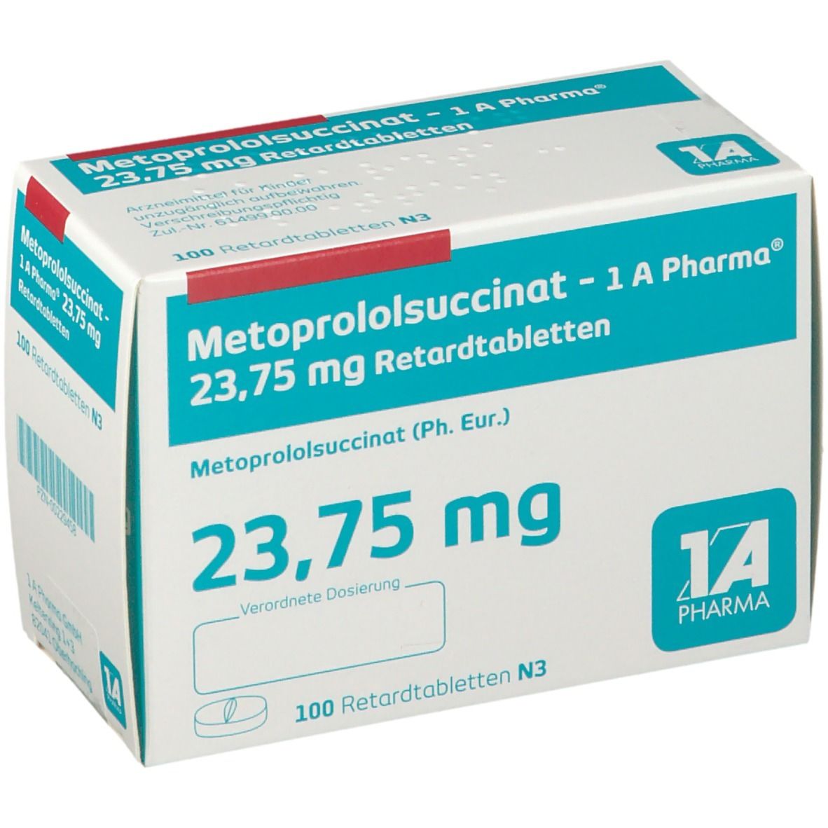 Weiße Faltschachtel mit blauer und roter Schrift. Aufschrift: Metoprololsuccinat 23,75 mg Retardtabletten. Logo: 1A Pharma.