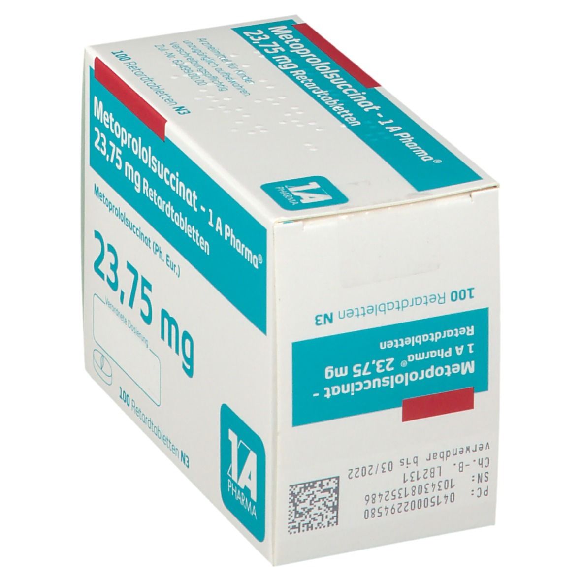 Schräg gestellte weiße Faltschachtel mit blauer und roter Schrift. Aufschrift: Metoprololsuccinat 23,75 mg Retardtabletten. Logo: 1A Pharma.