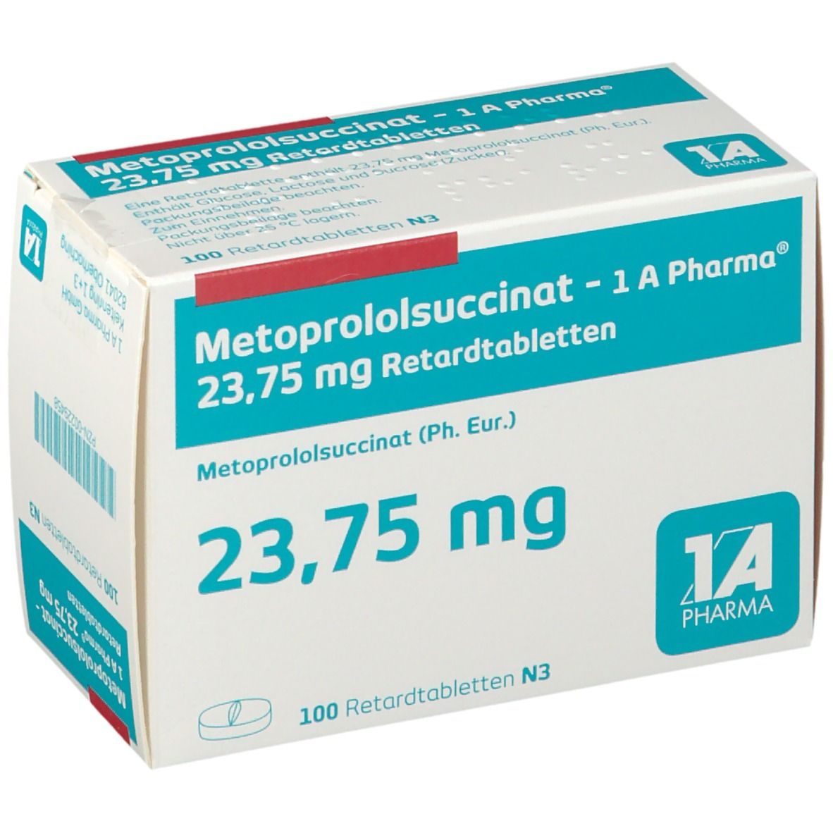 Weiße Faltschachtel mit blauer und roter Schrift. Aufschrift: Metoprololsuccinat 23,75 mg Retardtabletten. Logo: 1A Pharma. 100 Retardtabletten N3.