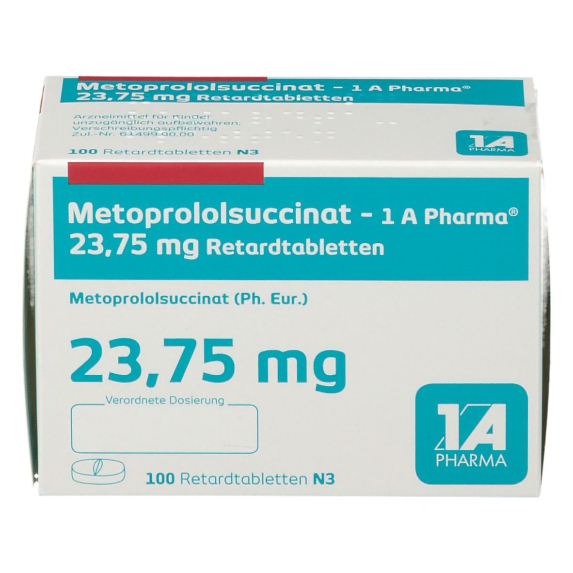 Weiße Faltschachtel mit blauer und roter Schrift. Aufschrift: Metoprololsuccinat 23,75 mg Retardtabletten. Logo: 1A Pharma. 100 Retardtabletten N3.