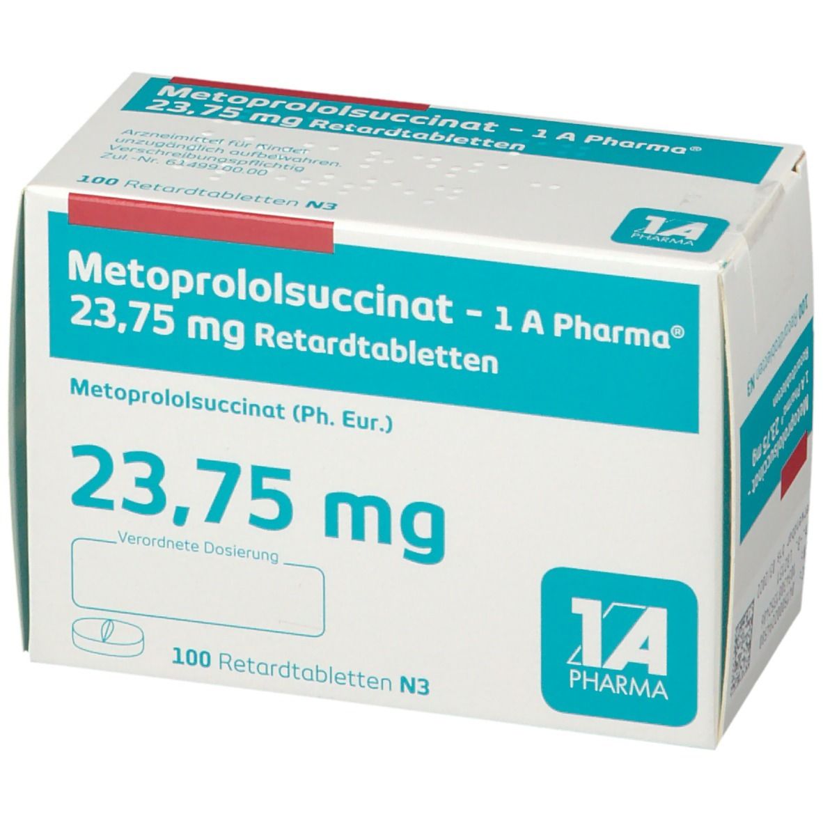 Weiße Faltschachtel mit blauer und roter Schrift. Aufschrift: Metoprololsuccinat 23,75 mg Retardtabletten. Logo: 1A Pharma. 100 Retardtabletten N3.