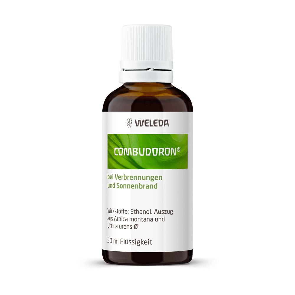 Weleda Combudoron® Flüssigkeit. Braune Glasflasche mit weißem Verschluss. Grünes Etikett mit Produktnamen und Inhaltsstoffen.