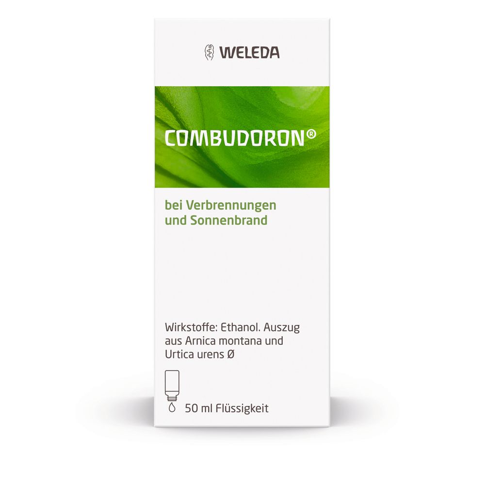 Weleda Combudoron® Verpackung. Weiße Verpackung mit grünem Etikett. Produktname und Inhaltsstoffe sind sichtbar.