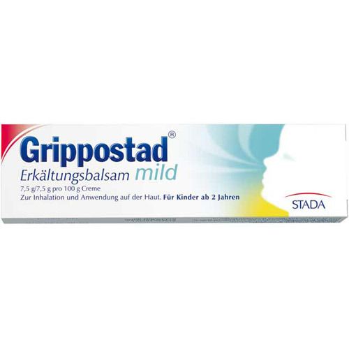 Tube mit Grippostad Erkältungsbalsam mild. Blaue Schrift auf weißem Grund. Enthält Informationen zur Anwendung und STADA-Logo.