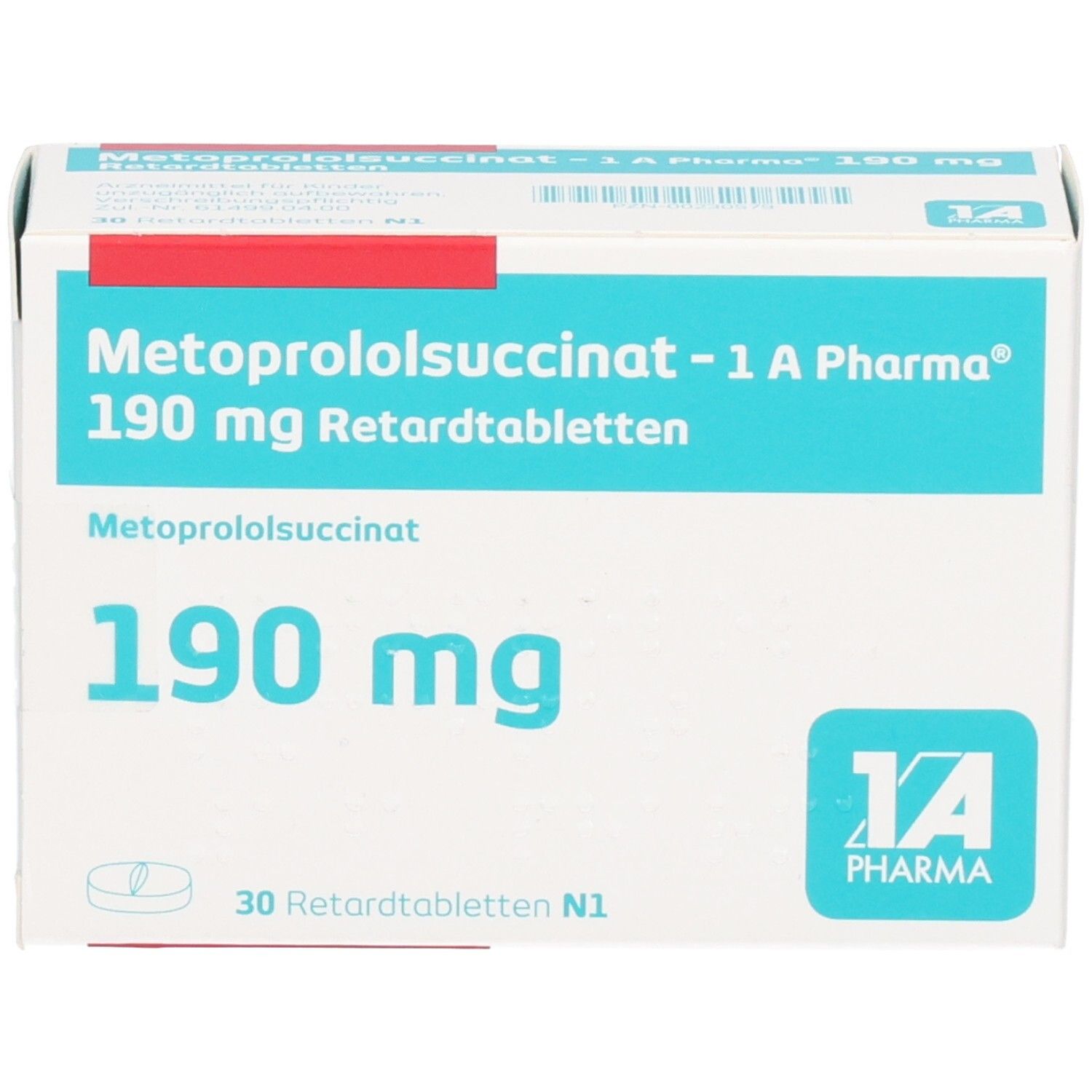 Verpackung Metoprololsuccinat 190 mg Retardtabletten, 30 Stück.