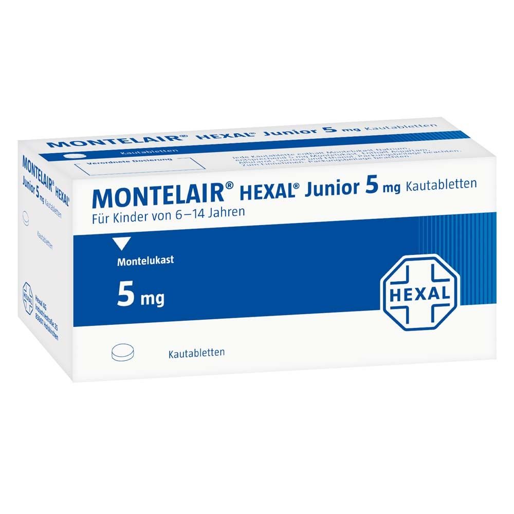 MONTELAIR® HEXAL® Junior 5 mg Kautabletten-Packung. Weiß-blaue Schachtel mit Produktnamen, Dosierung und HEXAL-Logo.