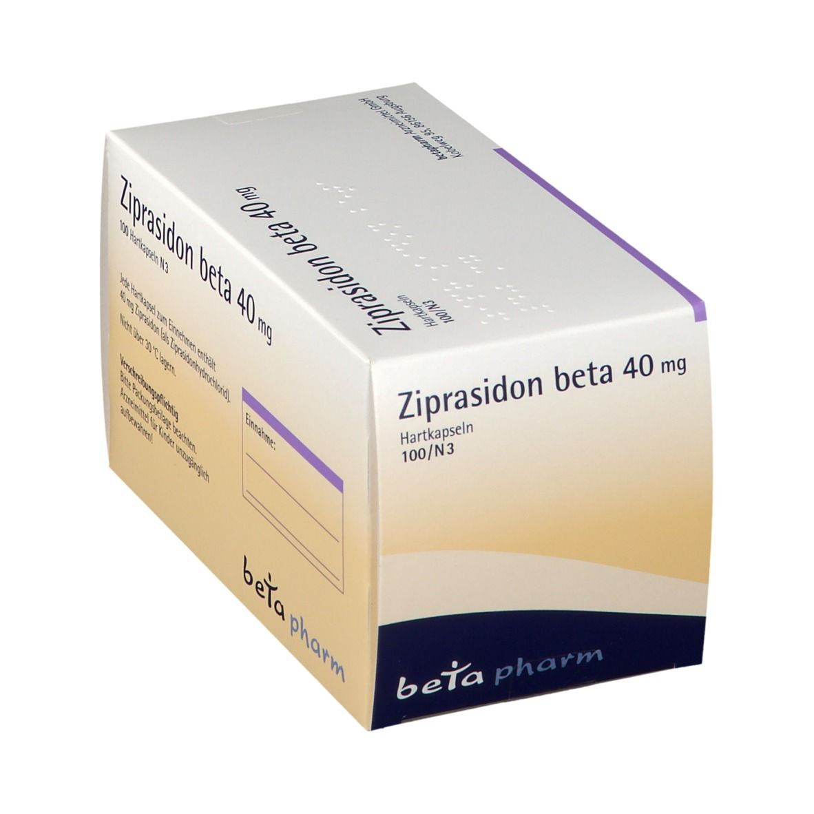 Ziprasidon beta 40 mg Hartkapseln Schachtel, Seitenansicht.