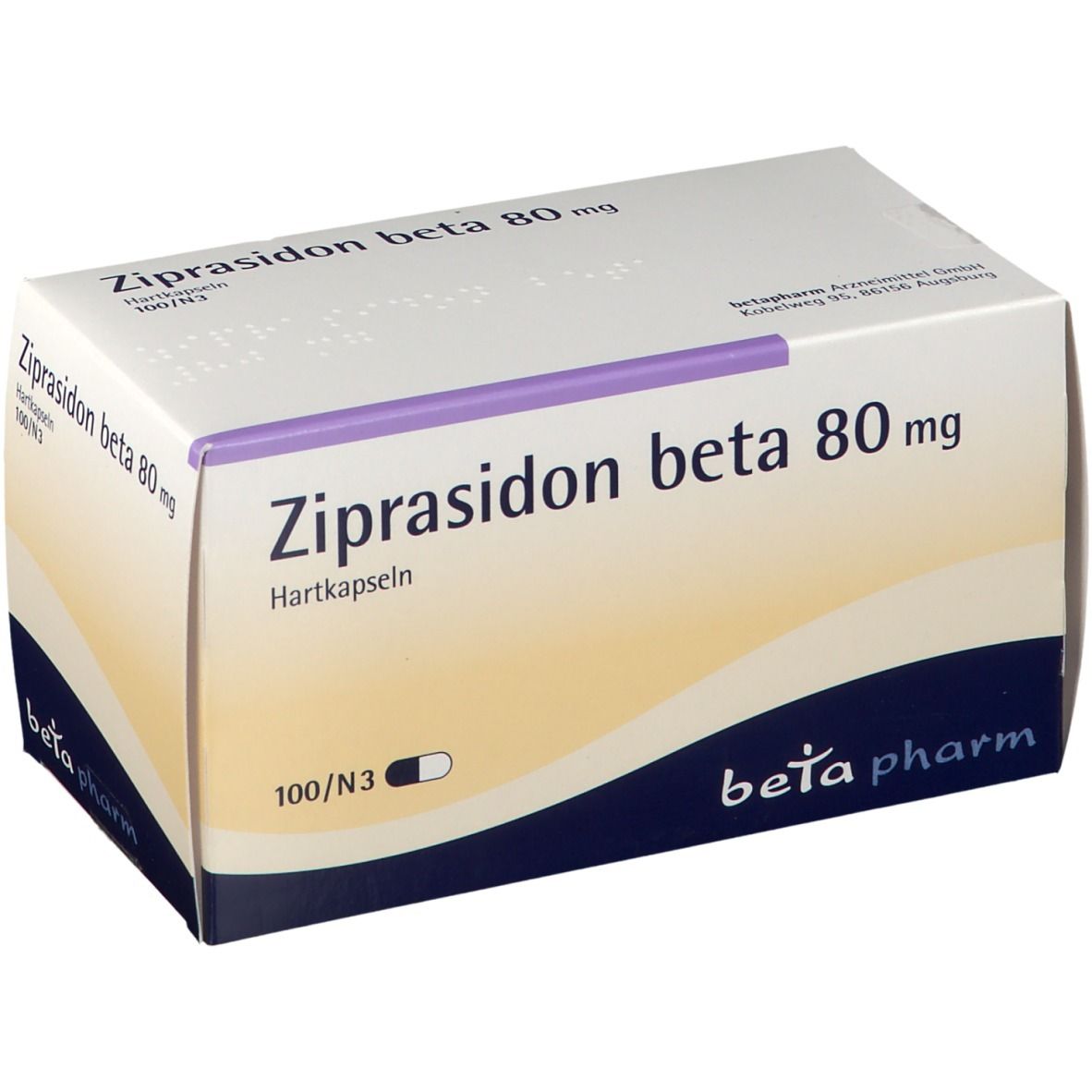Packung Ziprasidon beta 80 mg Hartkapseln, 100 Stück.