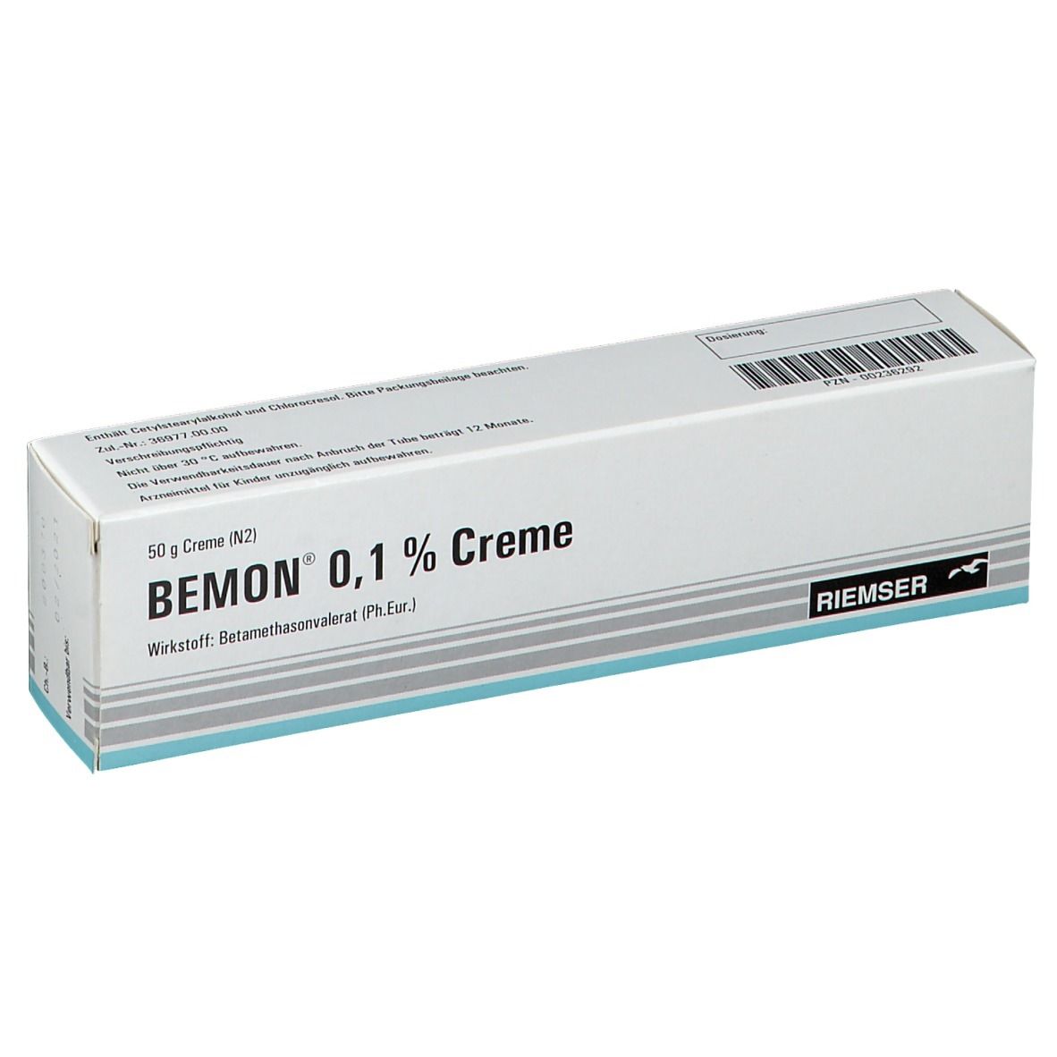 Weiße Faltschachtel mit Aufschrift BEMON 0,1 % Creme. Herstellerlogo RIEMSER. Text in deutscher Sprache.