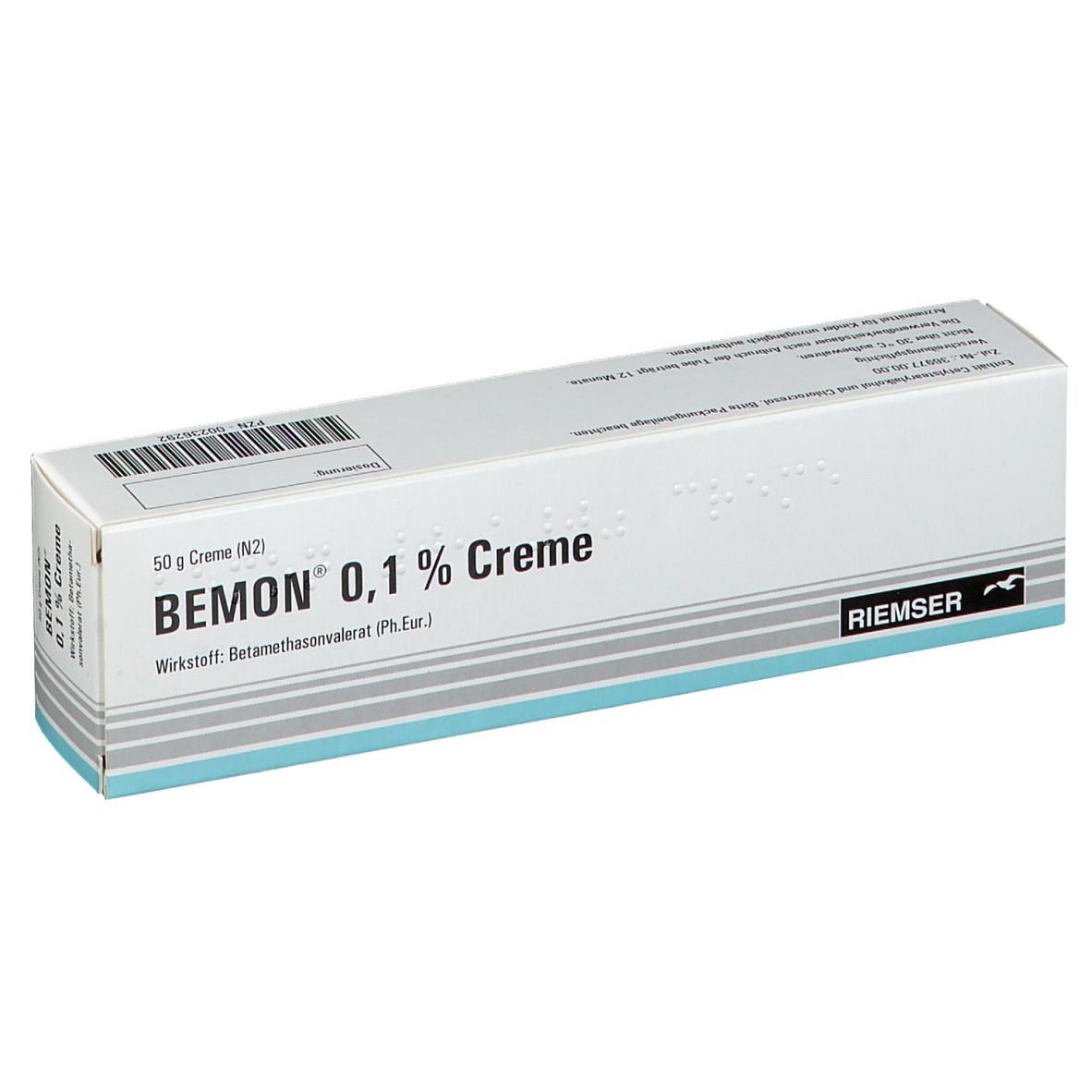 Weiße Faltschachtel mit Aufschrift BEMON 0,1 % Creme. Herstellerlogo RIEMSER. Text in deutscher Sprache.