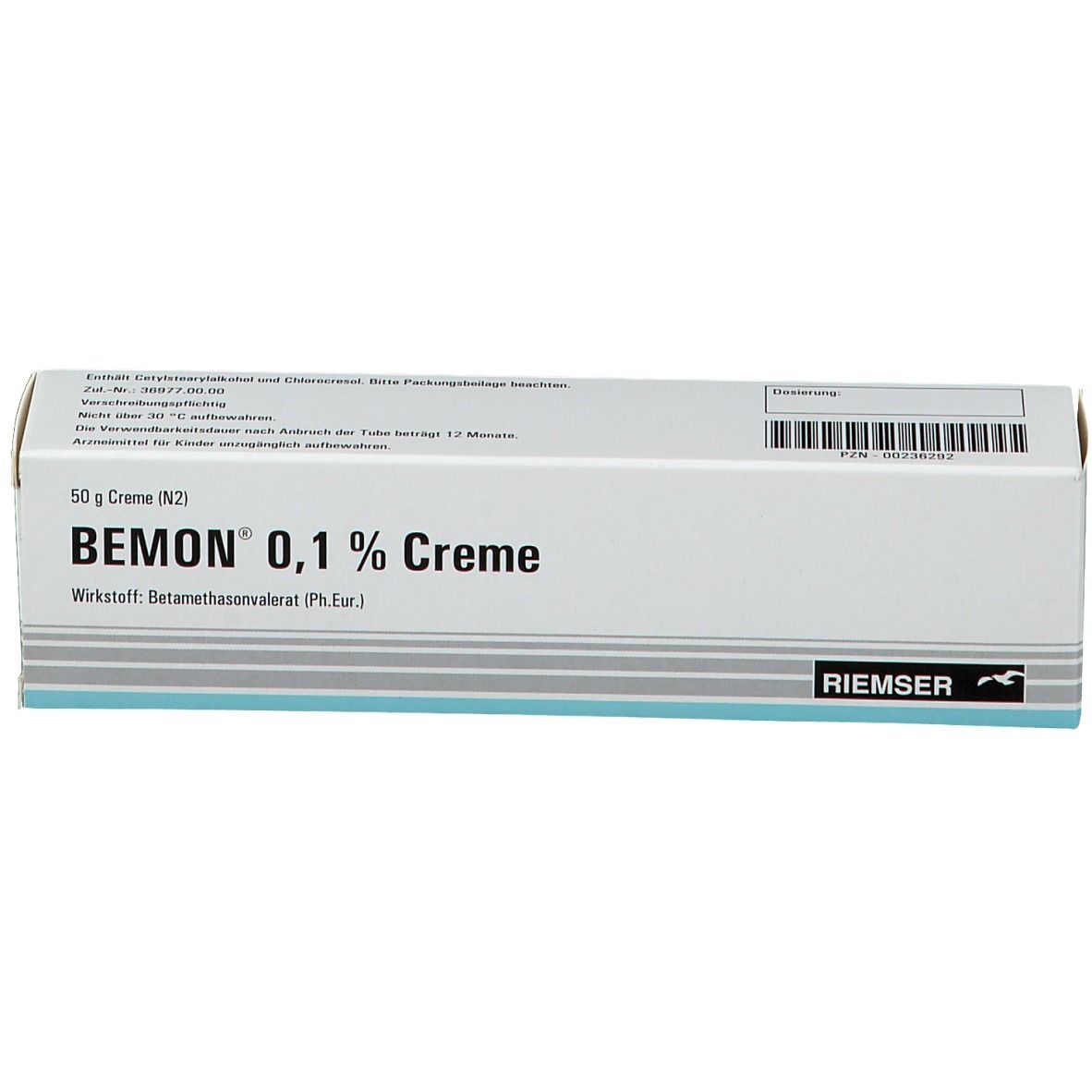 Weiße Faltschachtel mit Aufschrift BEMON 0,1 % Creme. Herstellerlogo RIEMSER. Text in deutscher Sprache.