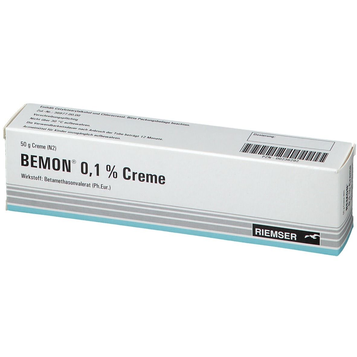 Weiße Faltschachtel mit Aufschrift BEMON 0,1 % Creme. Herstellerlogo RIEMSER. Text in deutscher Sprache.