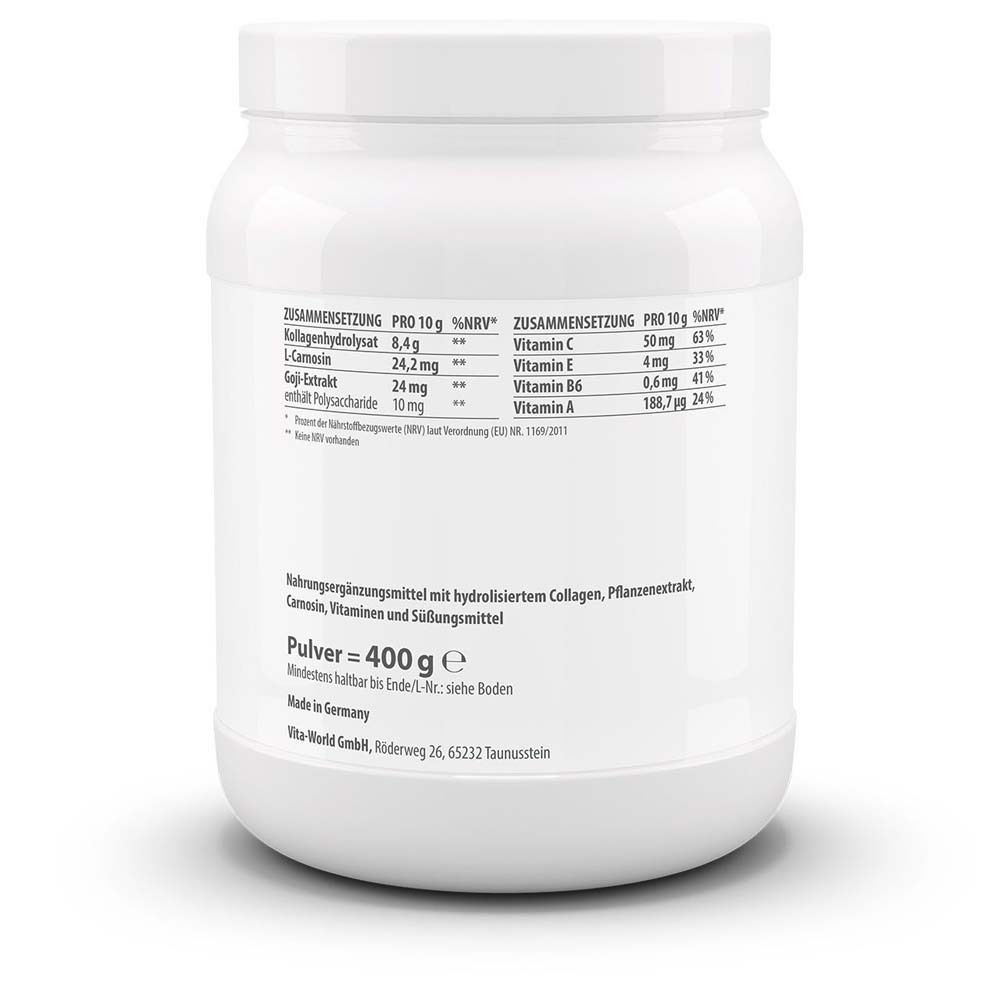 Weiße Dose mit Nährwertangaben. Enthält hydrolysiertes Kollagen, Vitamine und Mineralien. 400g Pulver.