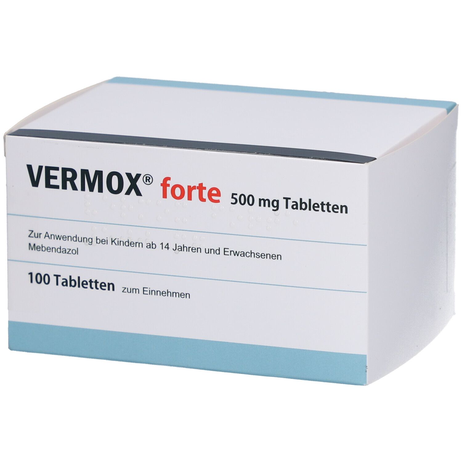 Weiße Schachtel mit blauen Akzenten. Aufschrift: VERMOX forte 500 mg Tabletten. Enthält 100 Tabletten.