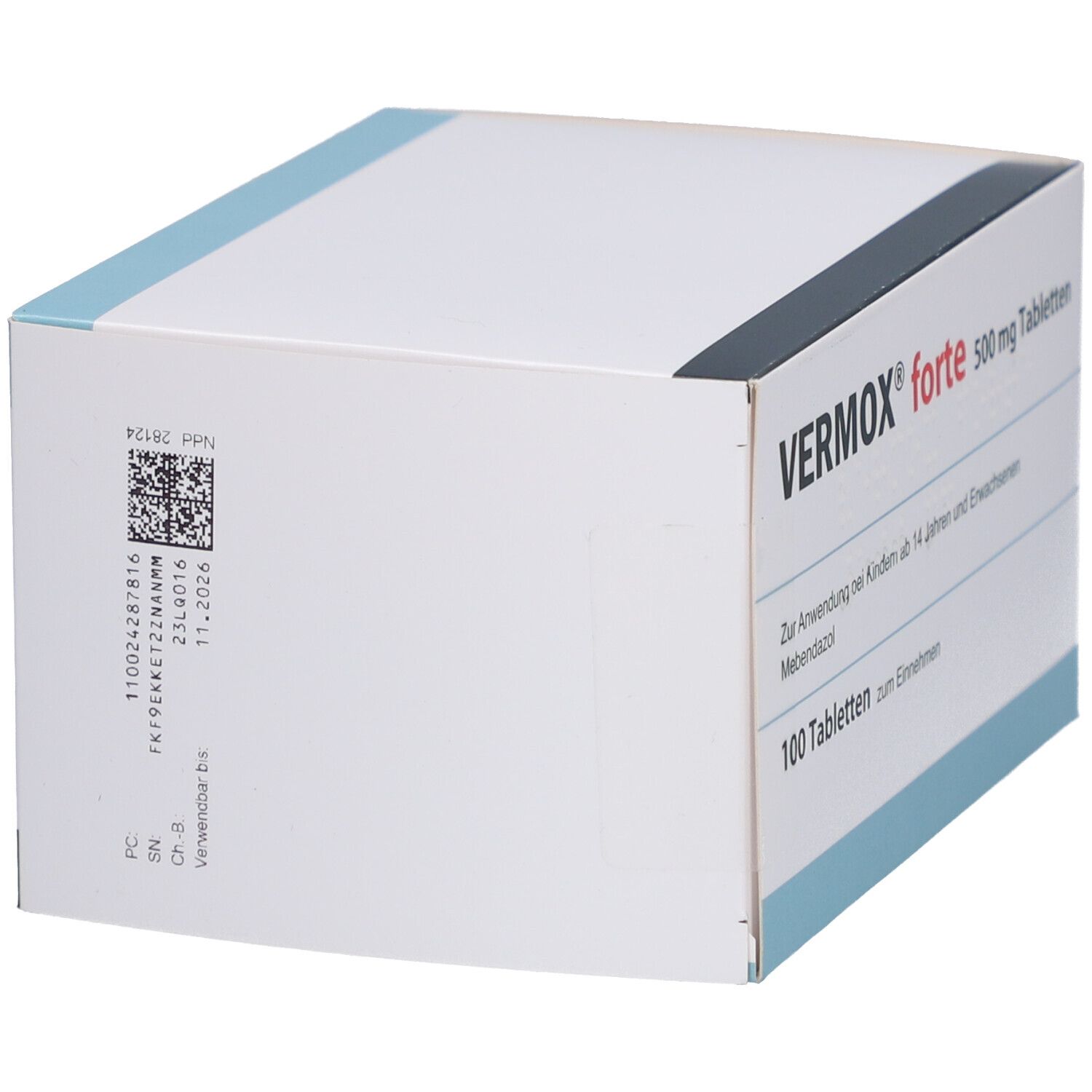 Weiße Schachtel, blaue Akzente. Aufschrift: VERMOX forte 500 mg Tabletten. Rückseite mit Barcode und Text.