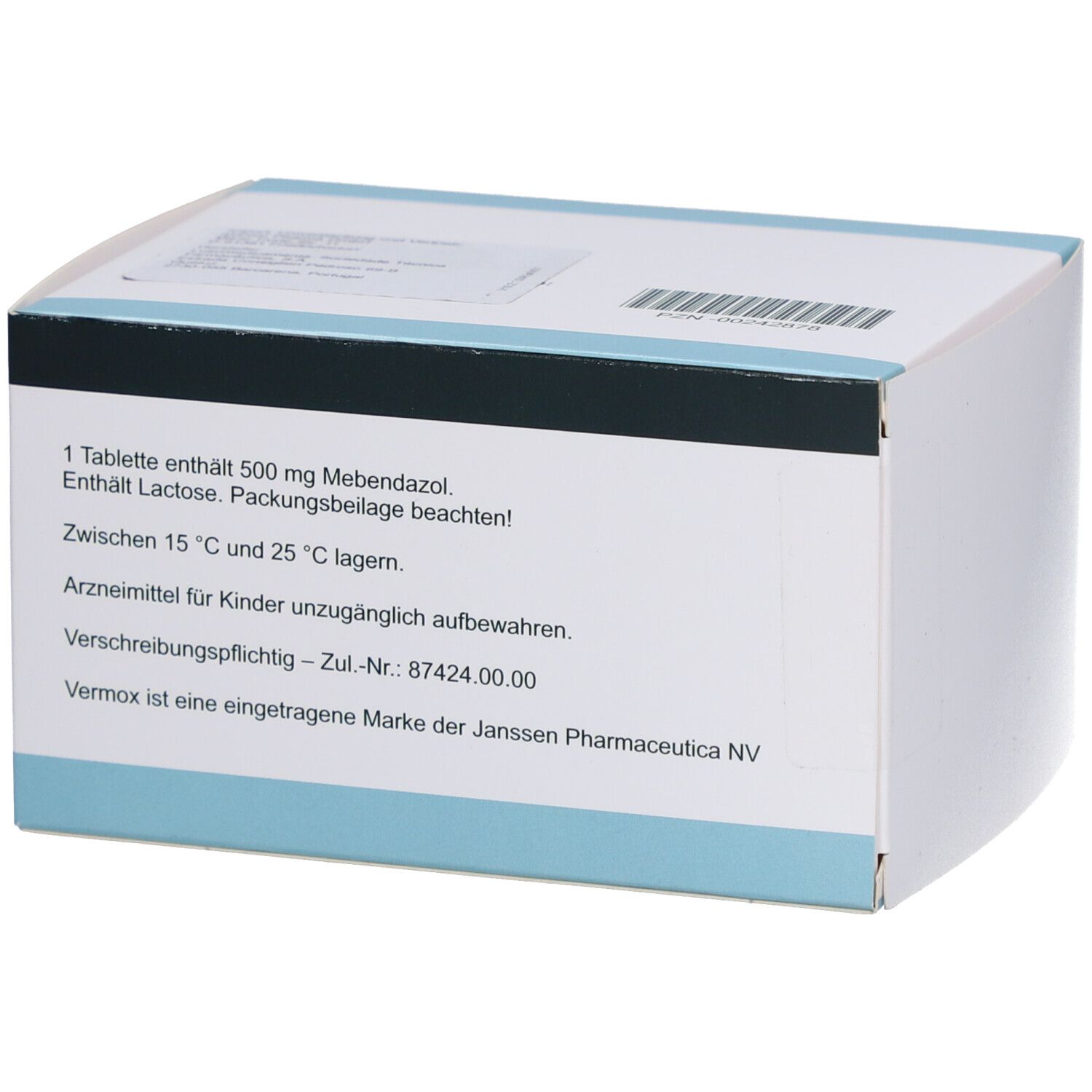 Rückseite der Schachtel. Text: 1 Tablette enthält 500 mg Mebendazol. Lagerungshinweise. Marke Janssen Pharmaceutica.