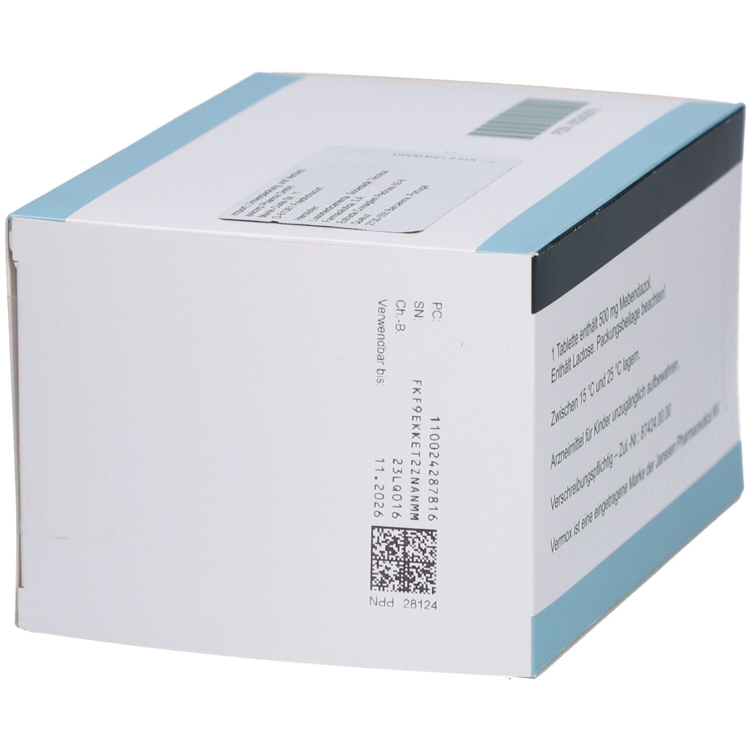 Rückseite der Schachtel mit Barcode und Text. Enthält Informationen zu Inhaltsstoffen und Lagerung.