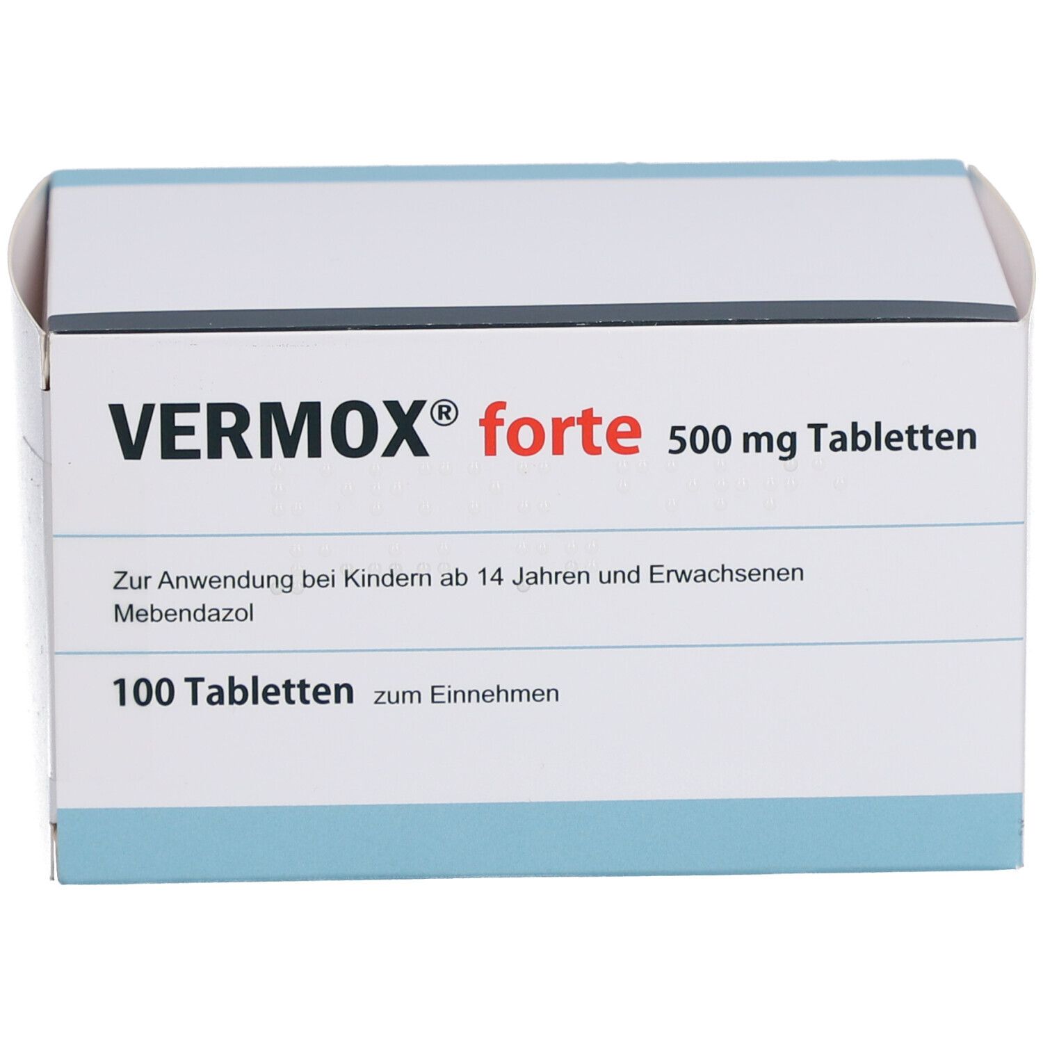 Weiße Schachtel mit blauen Akzenten. Aufschrift: VERMOX forte 500 mg Tabletten. 100 Tabletten.