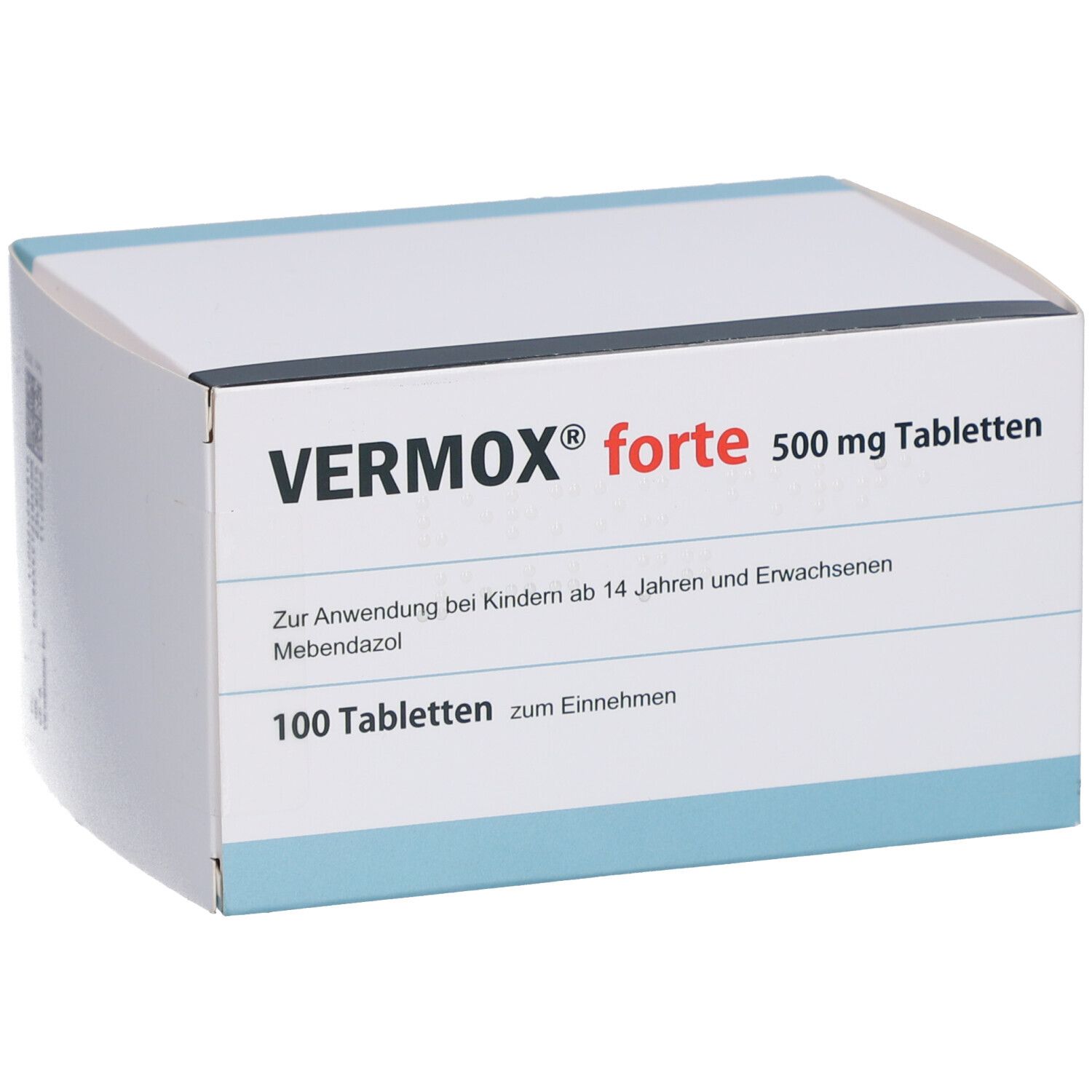 Weiße Schachtel mit blauen Akzenten. Aufschrift: VERMOX forte 500 mg Tabletten. 100 Tabletten.