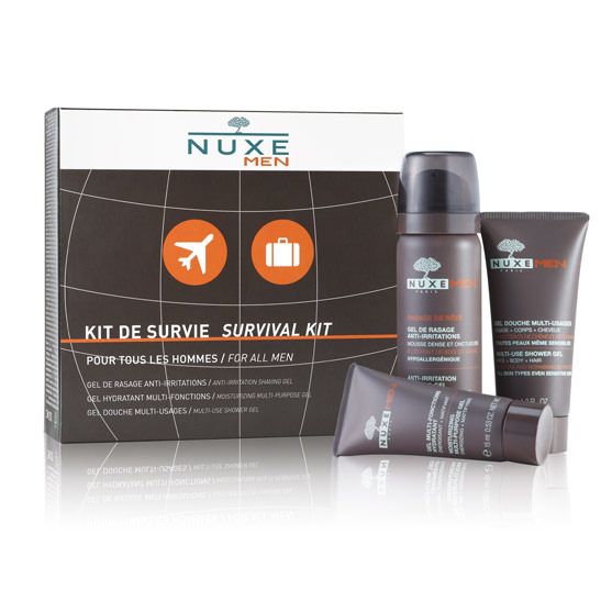 Geschenkset mit NUXE MEN Produkten. Enthält Rasiergel, Duschgel und Feuchtigkeitspflege. Verpackung mit Logo und Schriftzug.