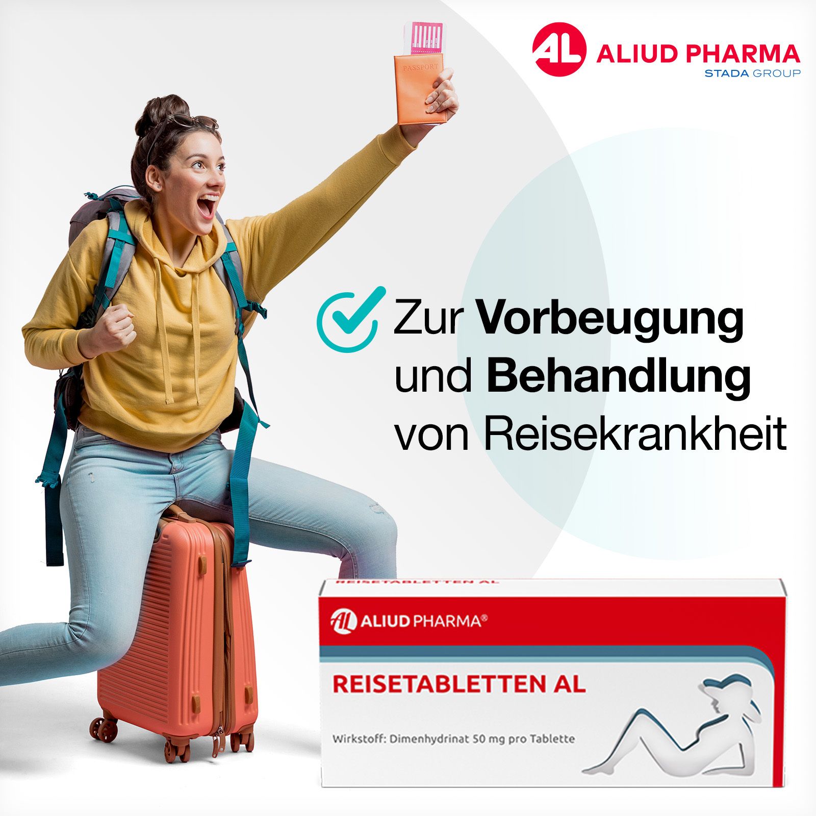 Frau mit Gepäck und Reisepass. Text: Zur Vorbeugung und Behandlung von Reisekrankheit. Reisetabletten AL-Packung.