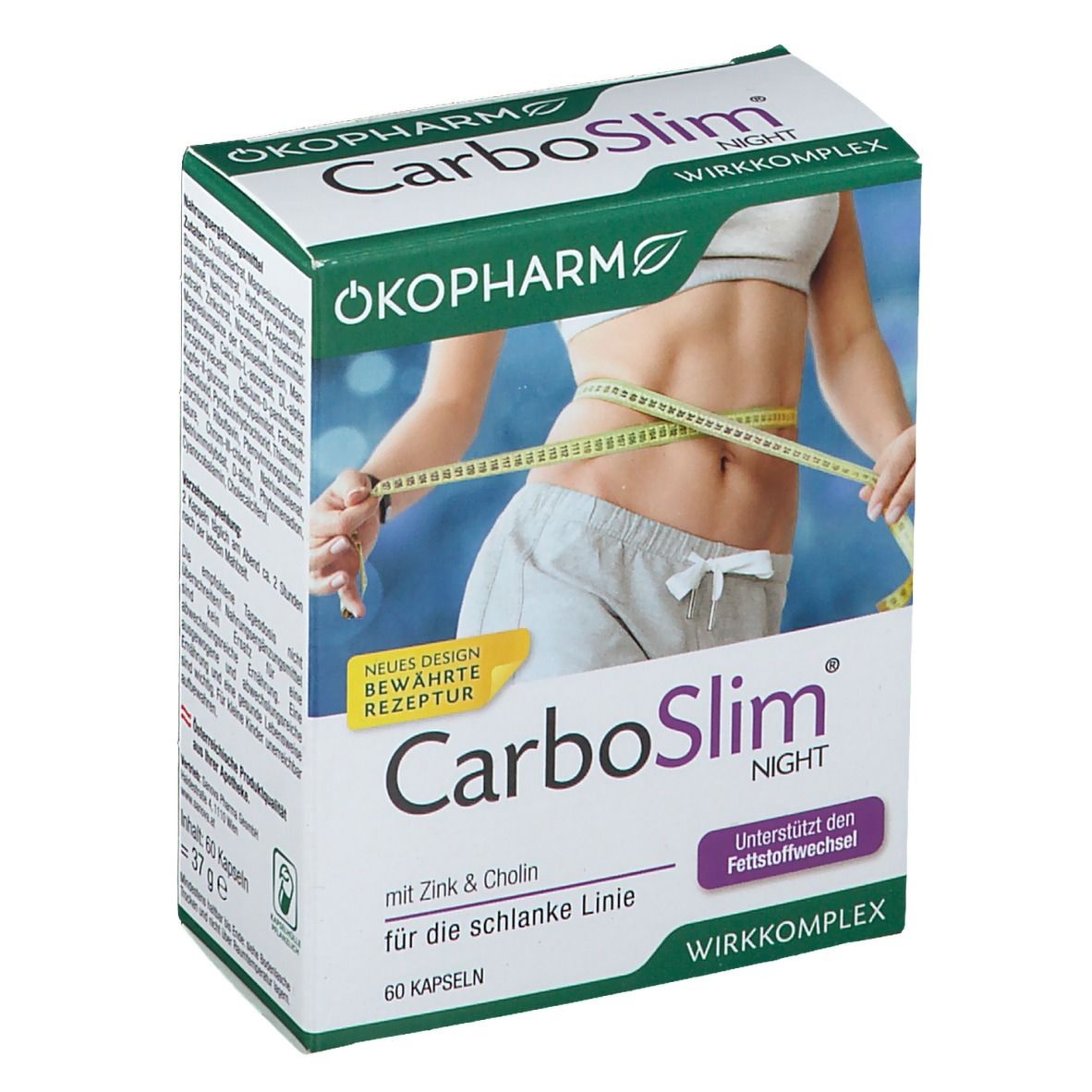 Verpackung mit CarboSlim Night Kapseln. Aufdruck: OKOPHARM, 60 Kapseln, mit Zink & Cholin, für die schlanke Linie.
