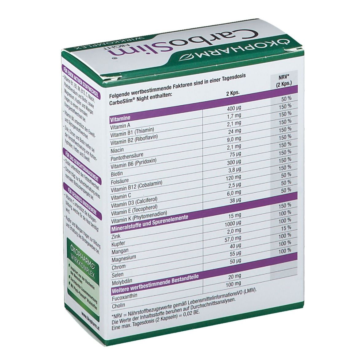 Rückseite der CarboSlim Night Verpackung. Enthält Nährwertangaben und Inhaltsstoffe. OKOPHARM Logo.