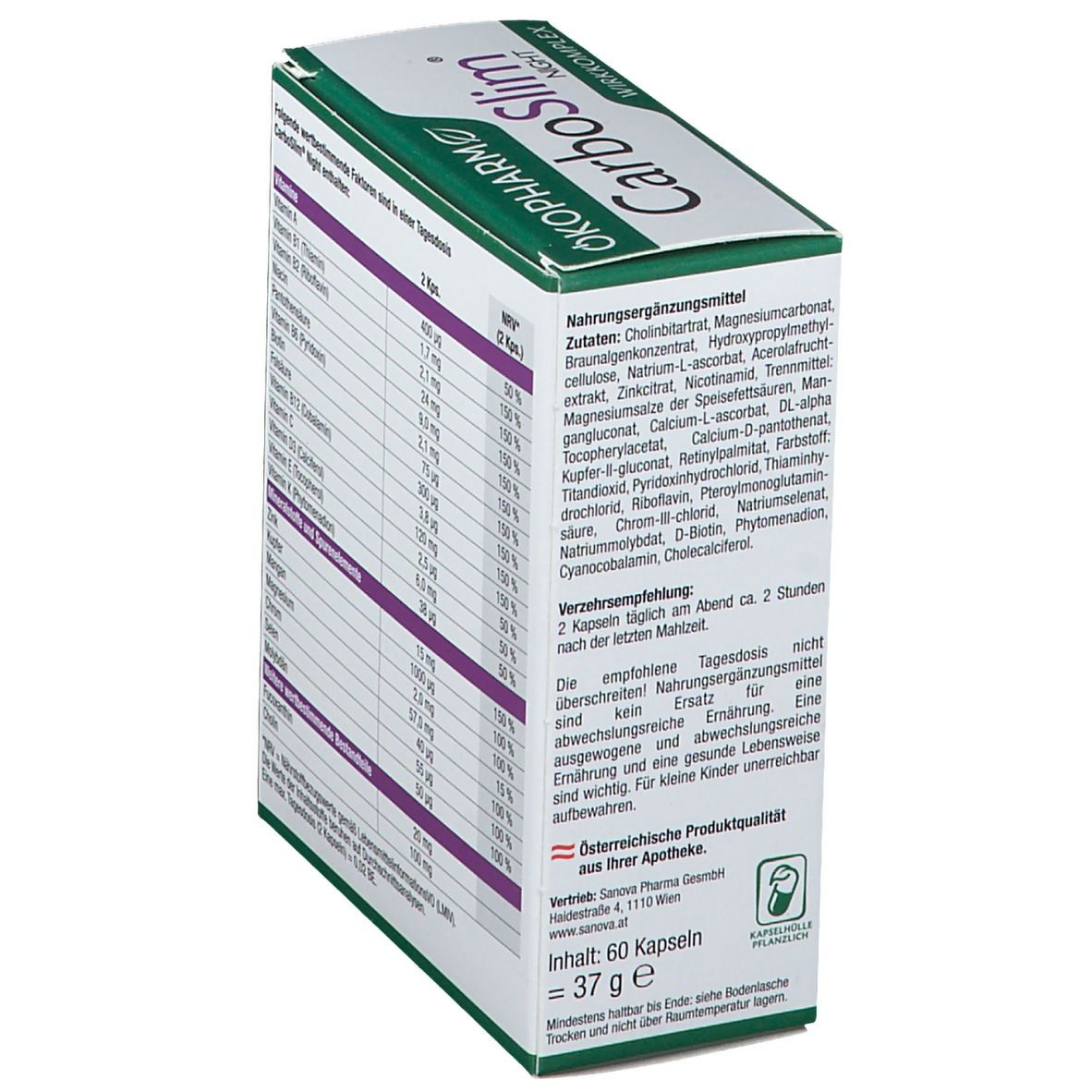 CarboSlim Night Verpackung, Seitenansicht. Enthält Nährwertangaben und Inhaltsstoffe. OKOPHARM Logo.