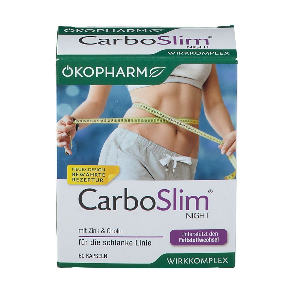 CarboSlim Night Verpackung. OKOPHARM Logo. Aufdruck: 60 Kapseln, mit Zink & Cholin, für die schlanke Linie.