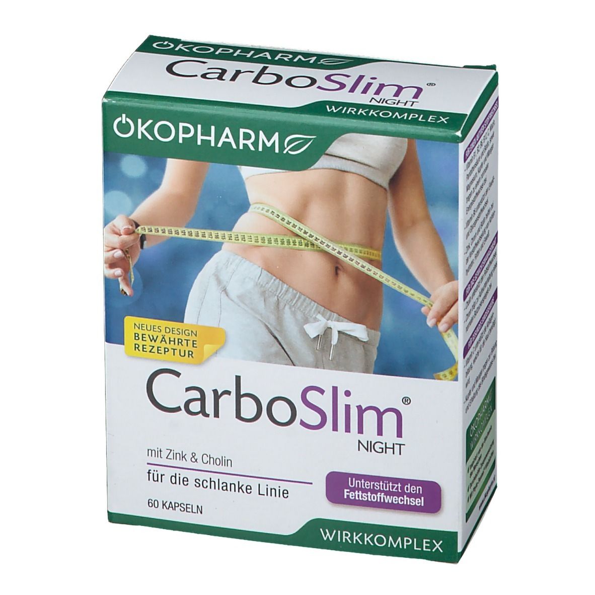 CarboSlim Night Verpackung. OKOPHARM Logo. Aufdruck: 60 Kapseln, mit Zink & Cholin, für die schlanke Linie.