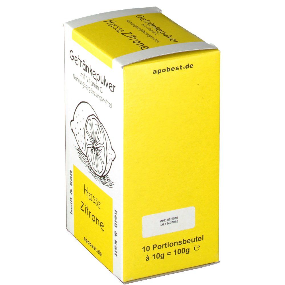 Gelbe apobest®-Verpackung mit "Heisse Zitrone"-Schriftzug, Zitronen-Illustration und Text. Enthält 10 Portionsbeutel.