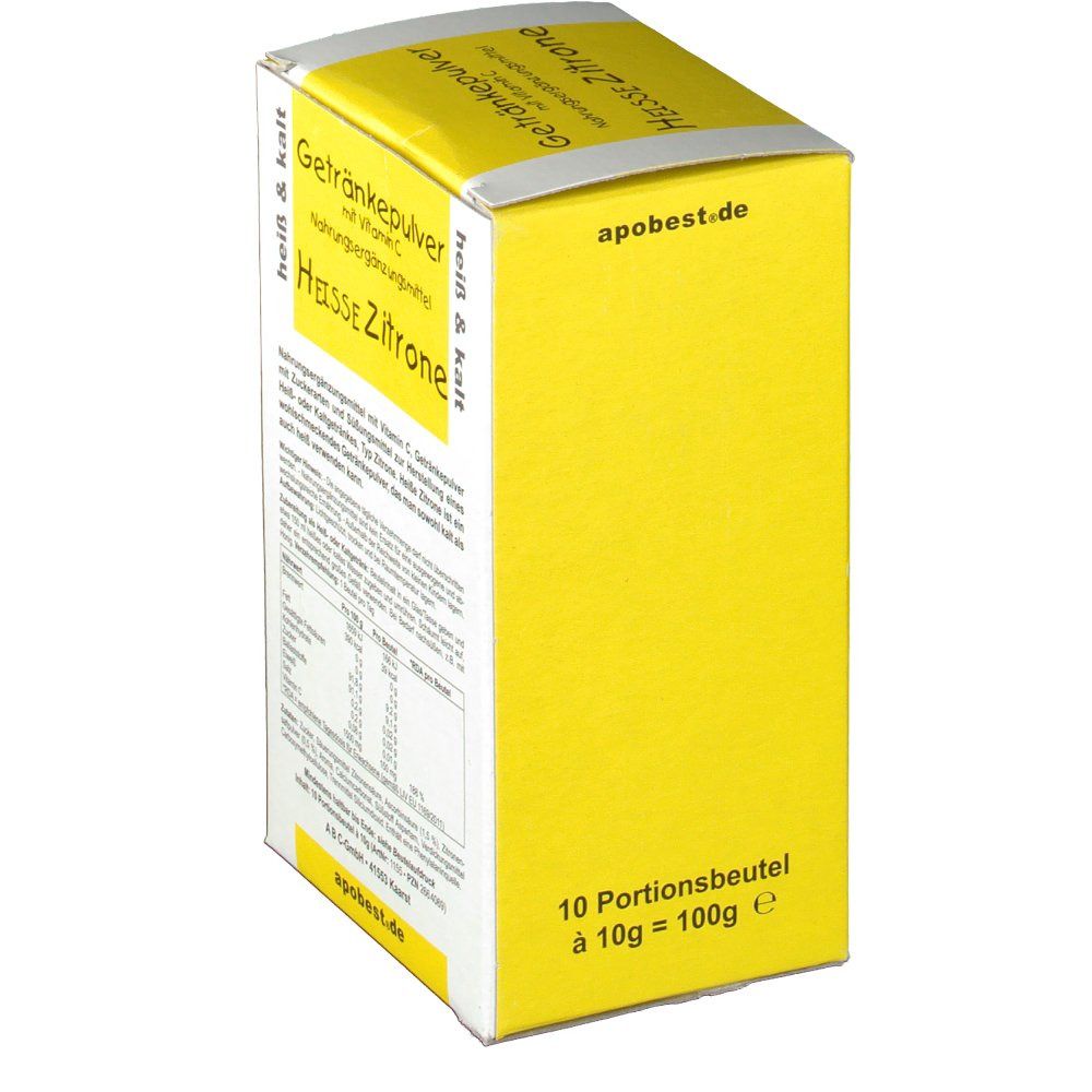 Gelbe apobest®-Verpackung mit "Heisse Zitrone"-Schriftzug und Text. Enthält 10 Portionsbeutel. Nährwertangaben auf der Seite.