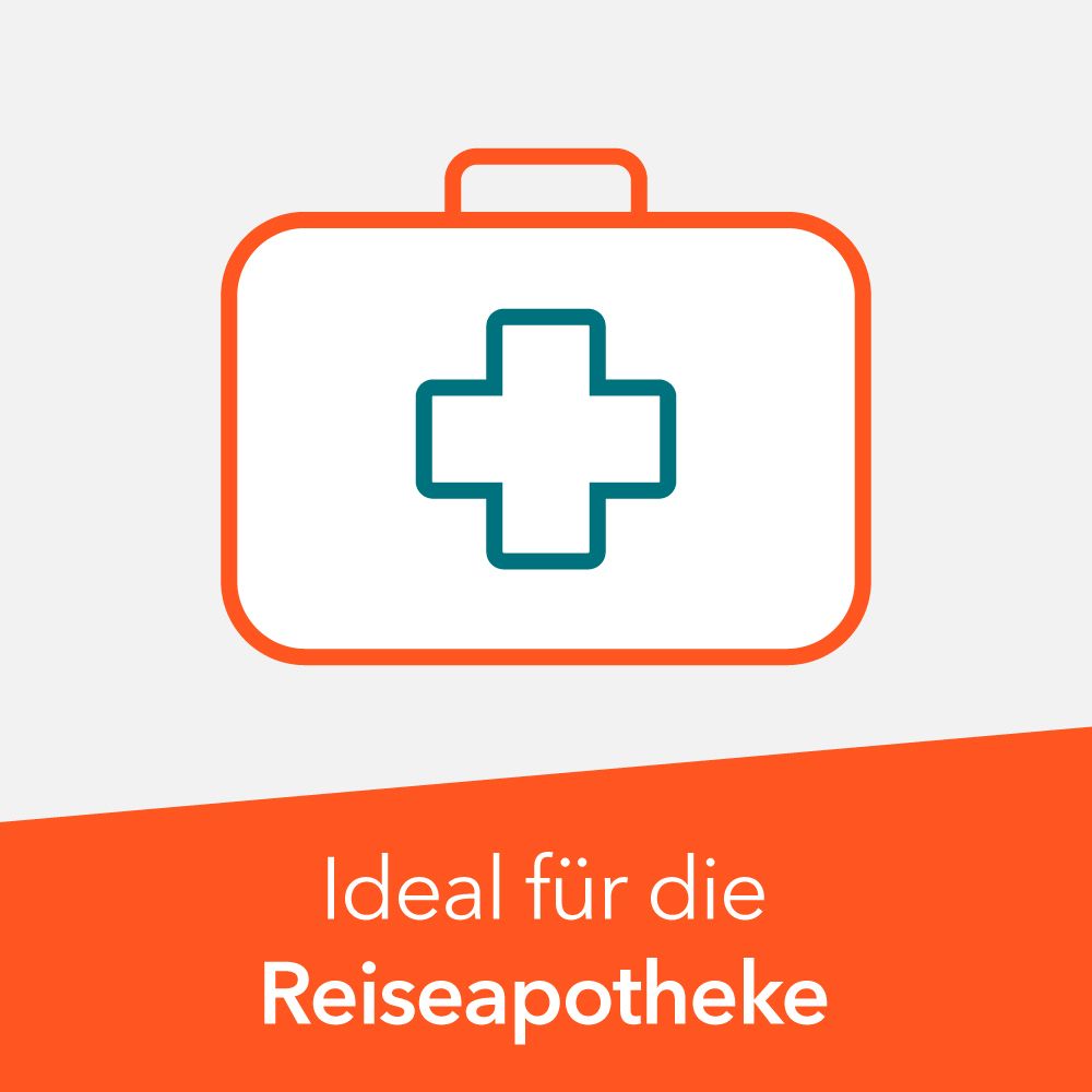 Grafik: Erste-Hilfe-Koffer. Text: Ideal für die Reiseapotheke. Orange-weißer Hintergrund.