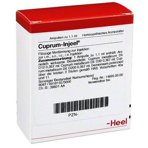 Karton mit Cuprum-Injeel Ampullen. Roter Deckel, weiße Verpackung mit Text. Heel-Logo unten rechts.