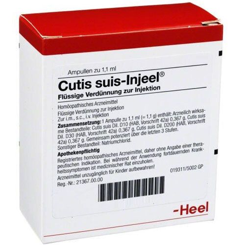 Weiße Schachtel mit rotem Deckel. Aufschrift: Cutis suis-Injeel®. Flüssige Verdünnung zur Injektion. Marke: Heel.