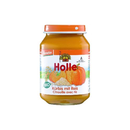 Glas mit orangefarbenem Inhalt. Etikett mit Holle-Logo, Kürbis- und Reis-Illustrationen. Text: Kürbis mit Reis, Bio.