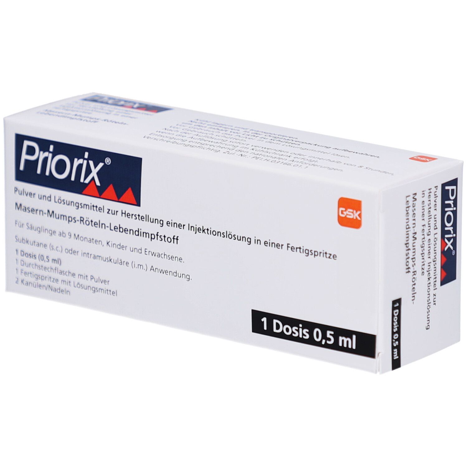 Weiße Faltschachtel mit Aufschrift Priorix, 1 Dosis 0,5 ml. Enthält Impfstoff gegen Masern, Mumps und Röteln.